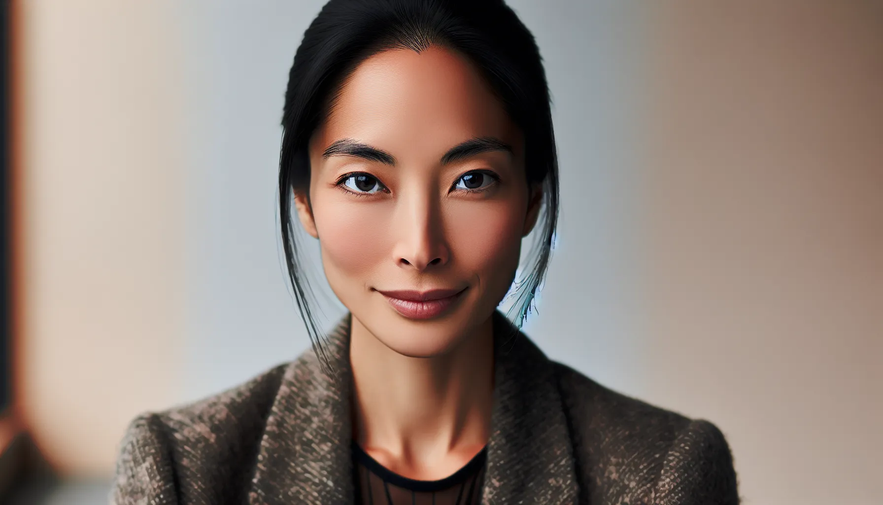 Professional headshot portrait of an Asian American designer in their 30s, natural lighting, minimal background, warm and approachable expression, high quality professional photography