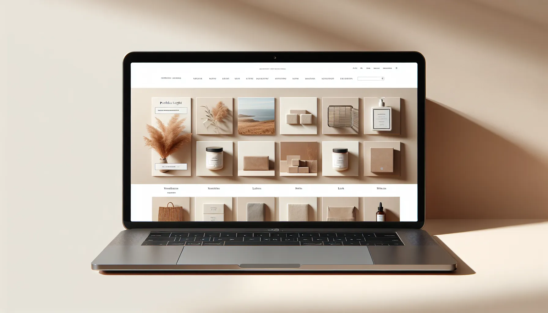 Modern e-commerce website design mockup displayed on a laptop screen, featuring a clean product grid layout with minimalist aesthetic, earth tones and white space, lifestyle product photography