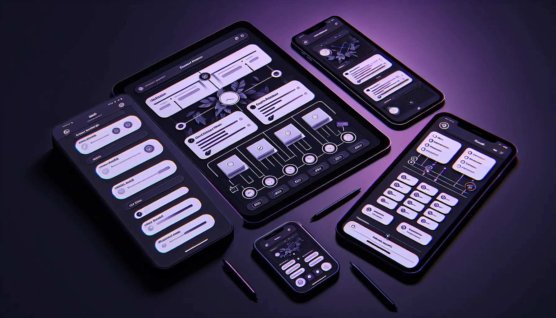 SaaS productivity tool interface mockup with Kanban boards and task management, modern dark mode design with purple accent colors, displayed on multiple device screens